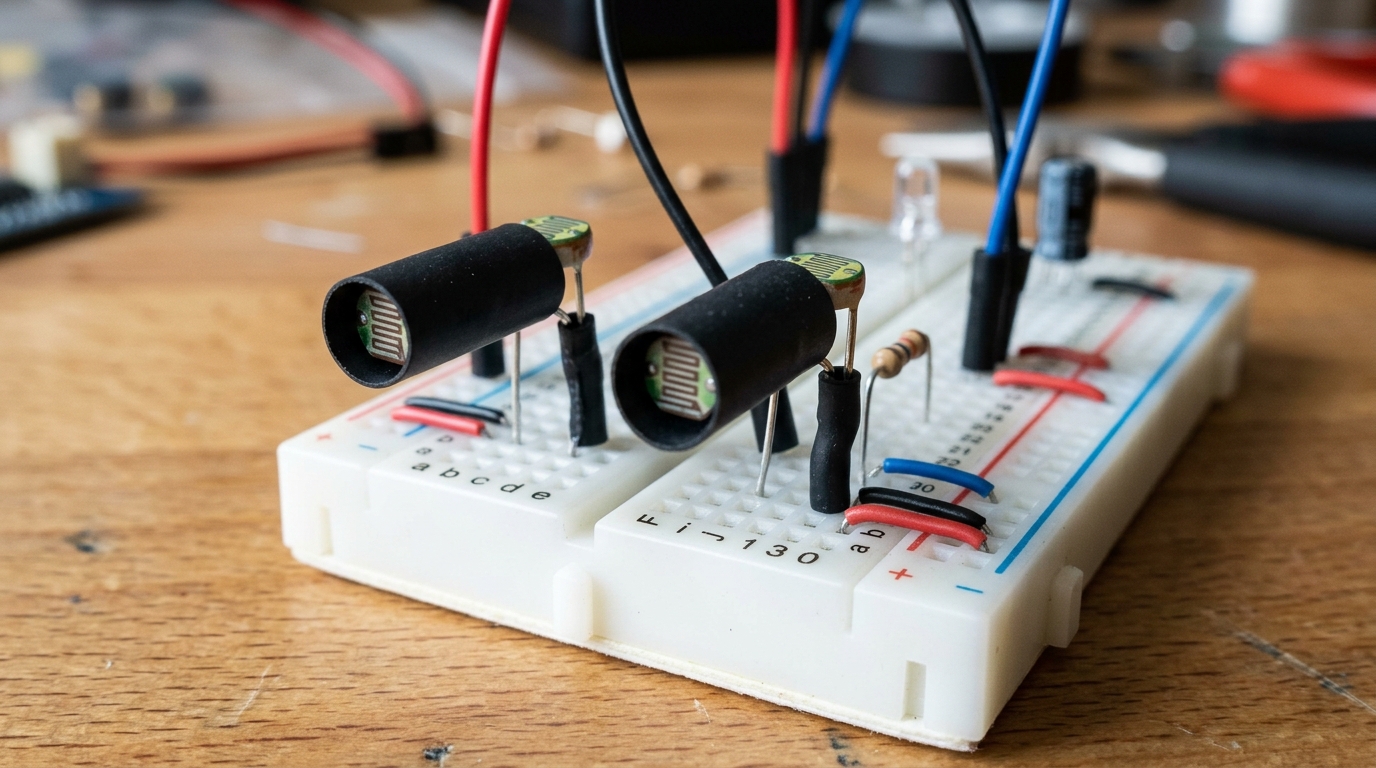 Step 2: Dual directional LDR photoresistors with heat-shrink baffles and cross-coupled wiring.