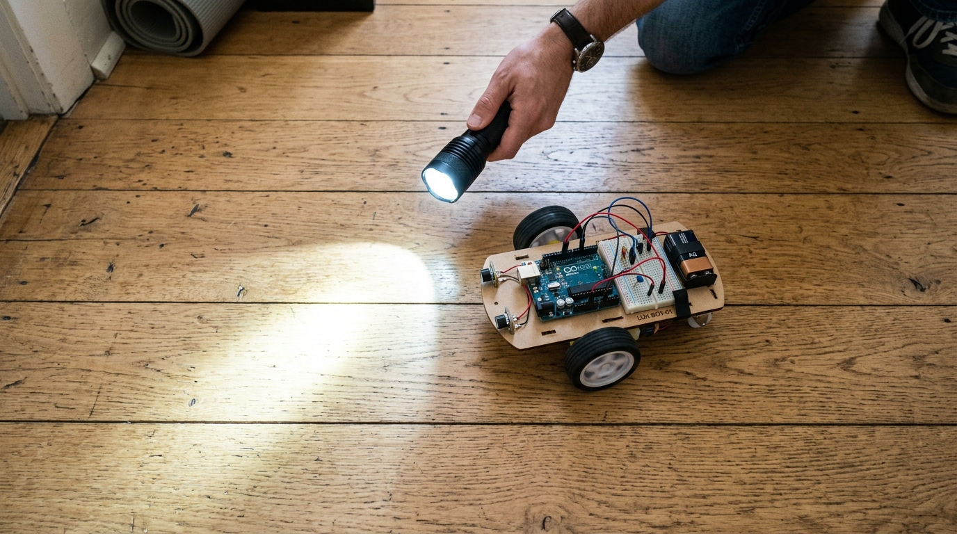 Step 3: Testing flashlight light-seeking pursuit steering on wooden test floor.