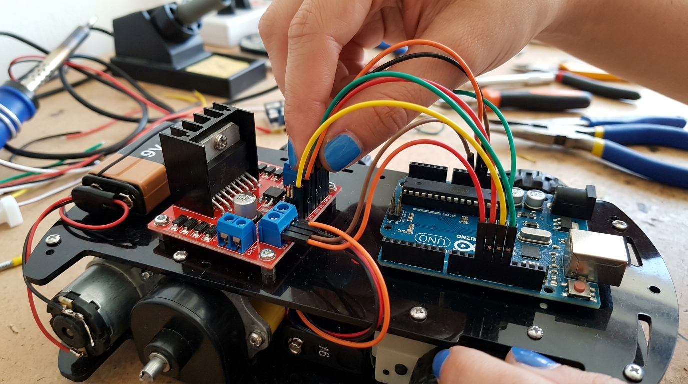 Step 2: Connecting DuPont jumper wires between L298N motor driver and Arduino Uno.