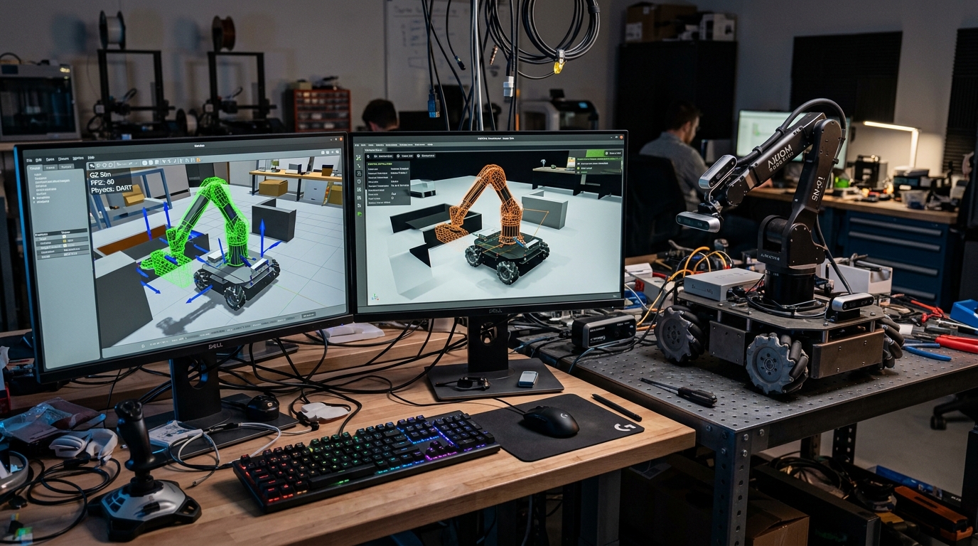 Robot Simulation & Digital Twins: Gazebo Harmonic, NVIDIA Isaac Sim, URDF & Physics Engines
